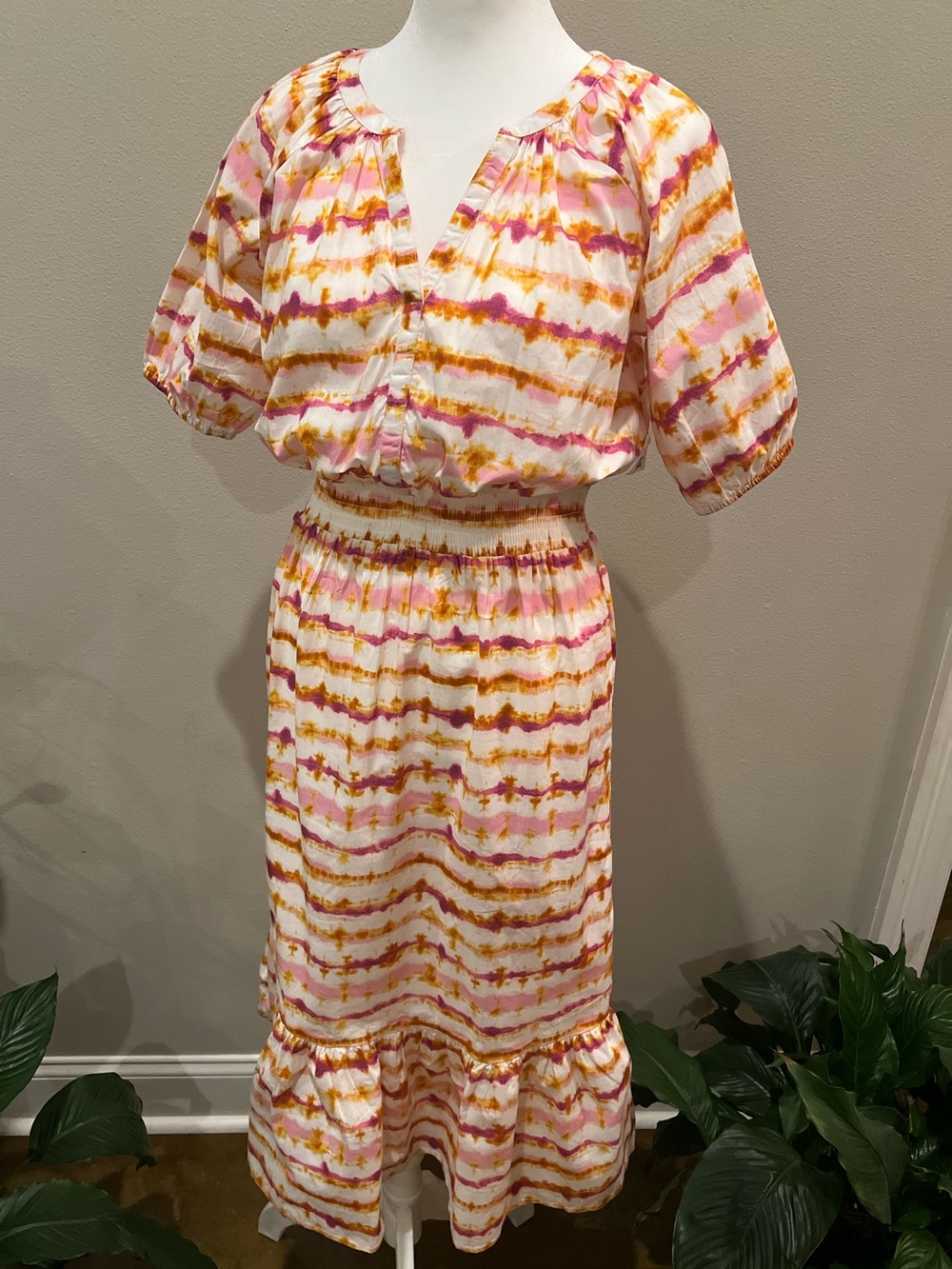 Steve Madden White Dress with Pink and Orange Tie-Dye Stripes and Ruching.